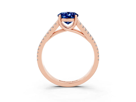 Rose gold Oval Cut Blue Sapphire Solitaire Engagement Ring with Split Shank Pavé Band_3