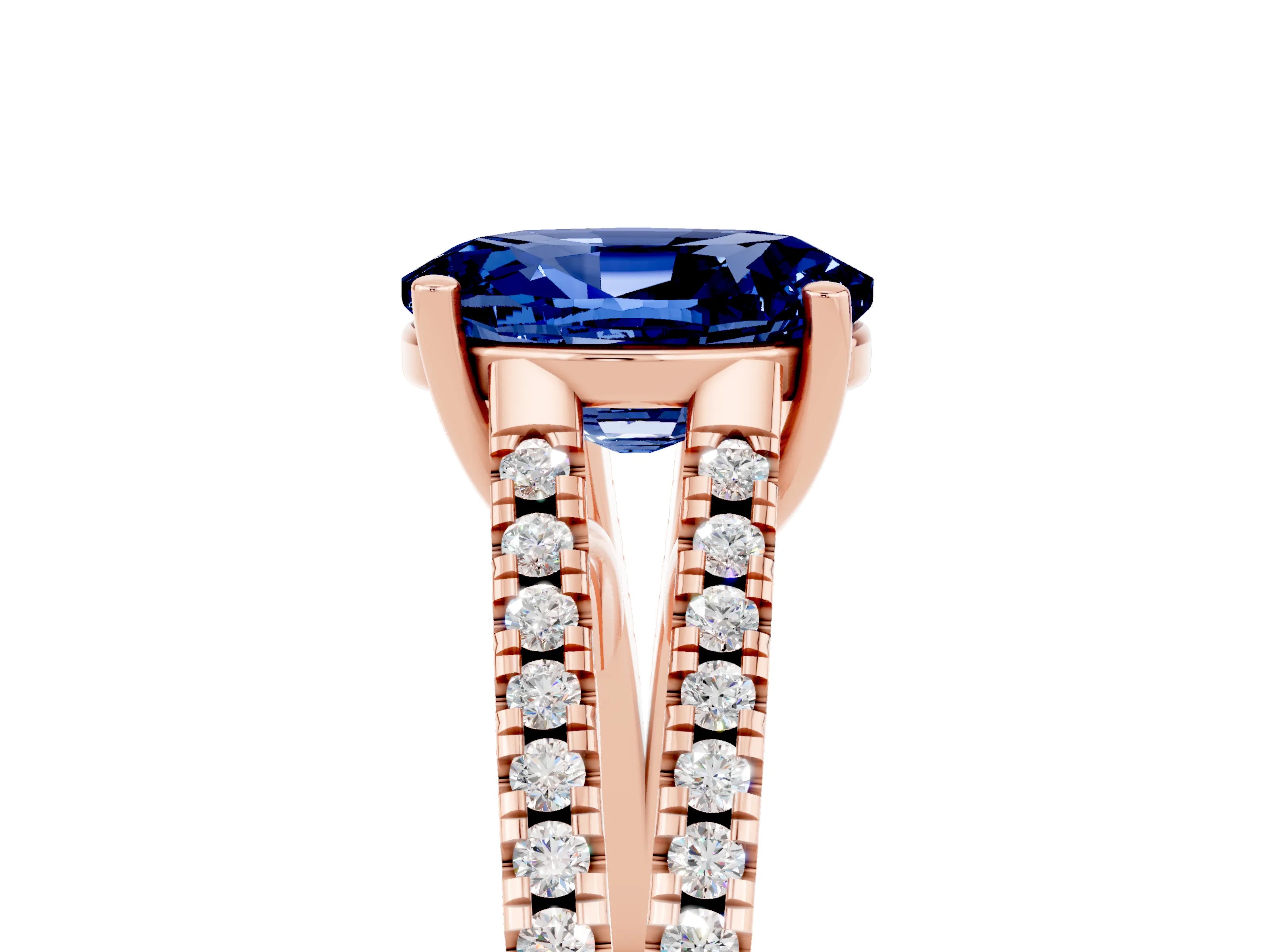 Rose gold Oval Cut Blue Sapphire Solitaire Engagement Ring with Split Shank Pavé Band_5