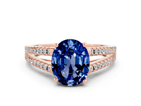 Rose gold Oval Cut Blue Sapphire Solitaire Engagement Ring with Split Shank Pavé Band