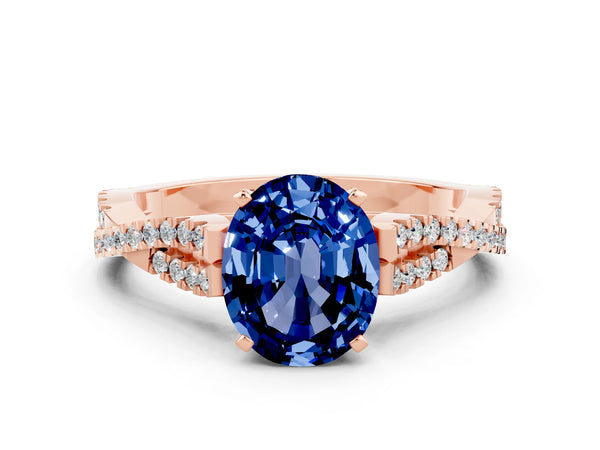 Rose gold Oval Cut Blue Sapphire Solitaire Engagement Ring with Twisted Pavé Band and Four-Prong Setting