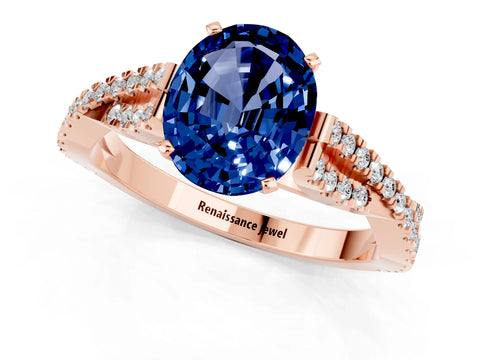 Rose gold Oval Cut Blue Sapphire Solitaire Engagement Ring with Twisted Pavé Band and Four-Prong Setting_1