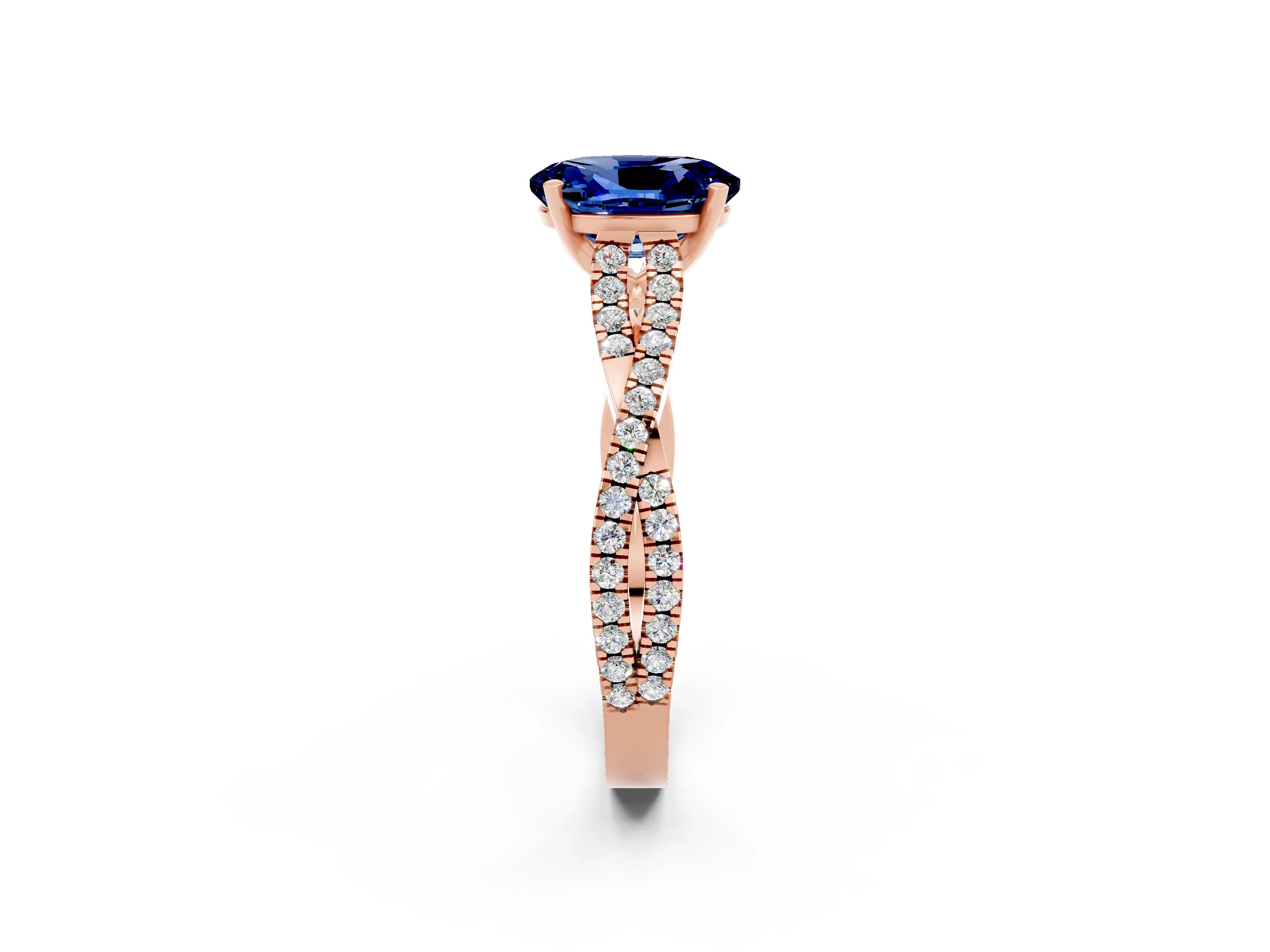 Rose gold Oval Cut Blue Sapphire Solitaire Engagement Ring with Twisted Pavé Band and Four-Prong Setting_2