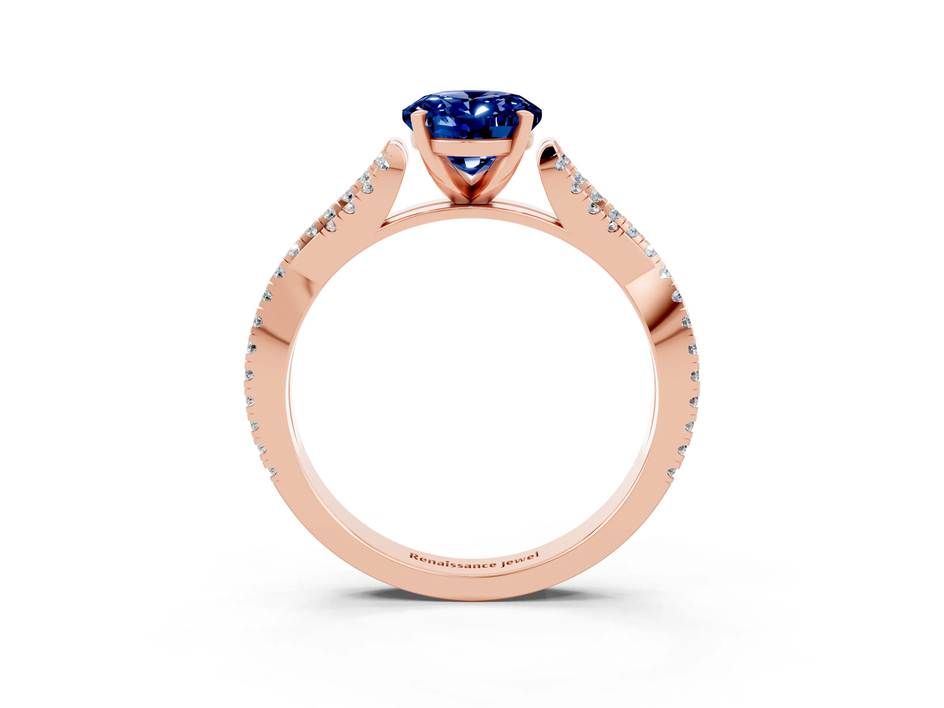 Rose gold Oval Cut Blue Sapphire Solitaire Engagement Ring with Twisted Pavé Band and Four-Prong Setting_3