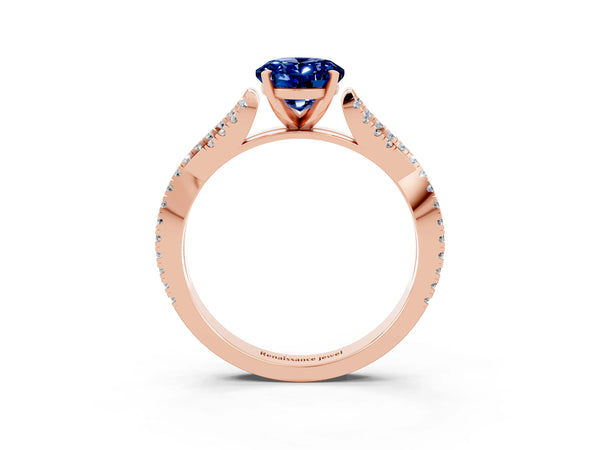 Rose gold Oval Cut Blue Sapphire Solitaire Engagement Ring with Twisted Pavé Band and Four-Prong Setting