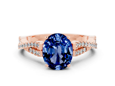 Rose gold Oval Cut Blue Sapphire Solitaire Engagement Ring with Twisted Pavé Band and Four-Prong Setting