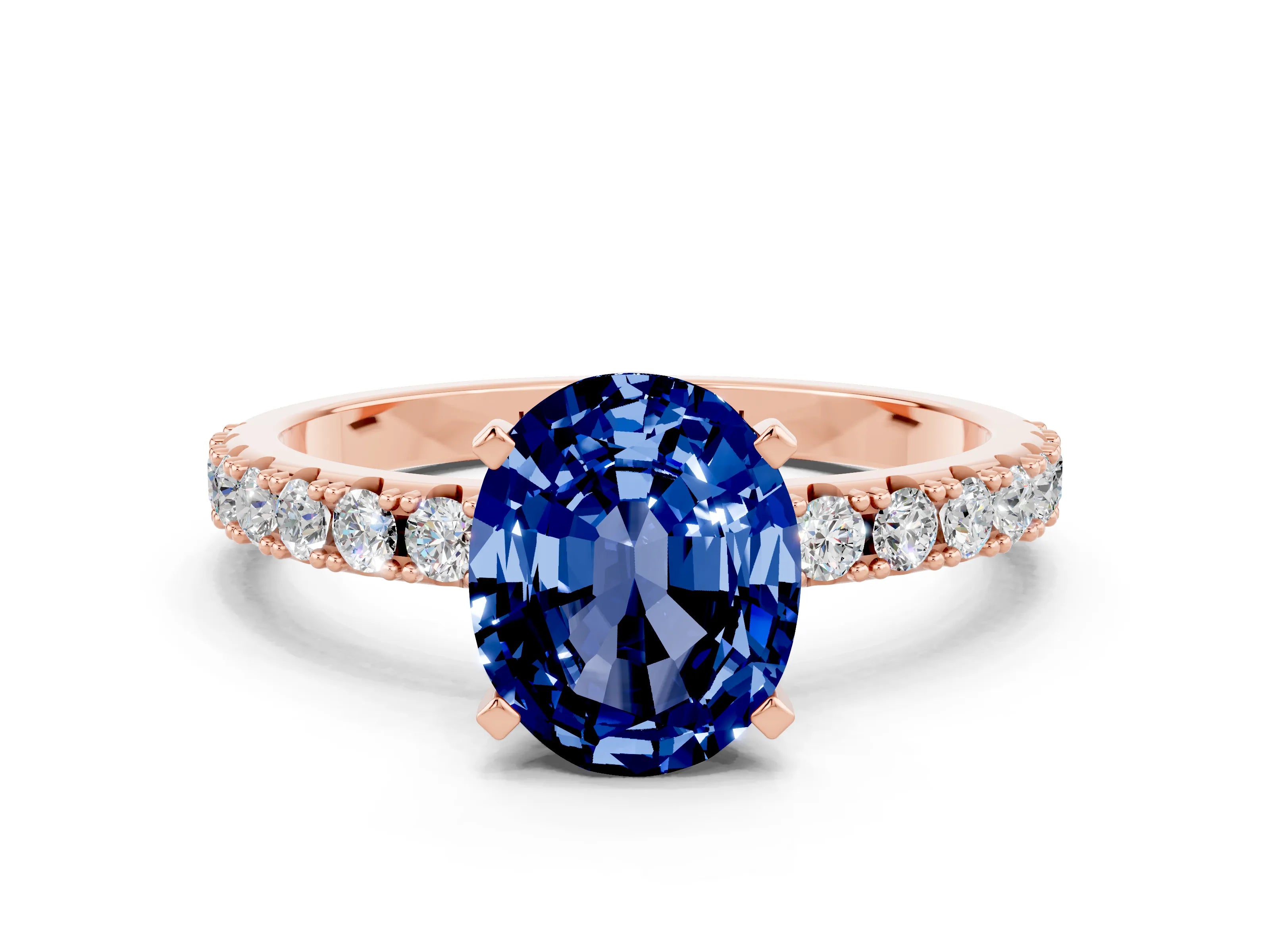 Rose gold Oval Cut Blue Sapphire Solitaire Pavé Band with Four-Prong Setting