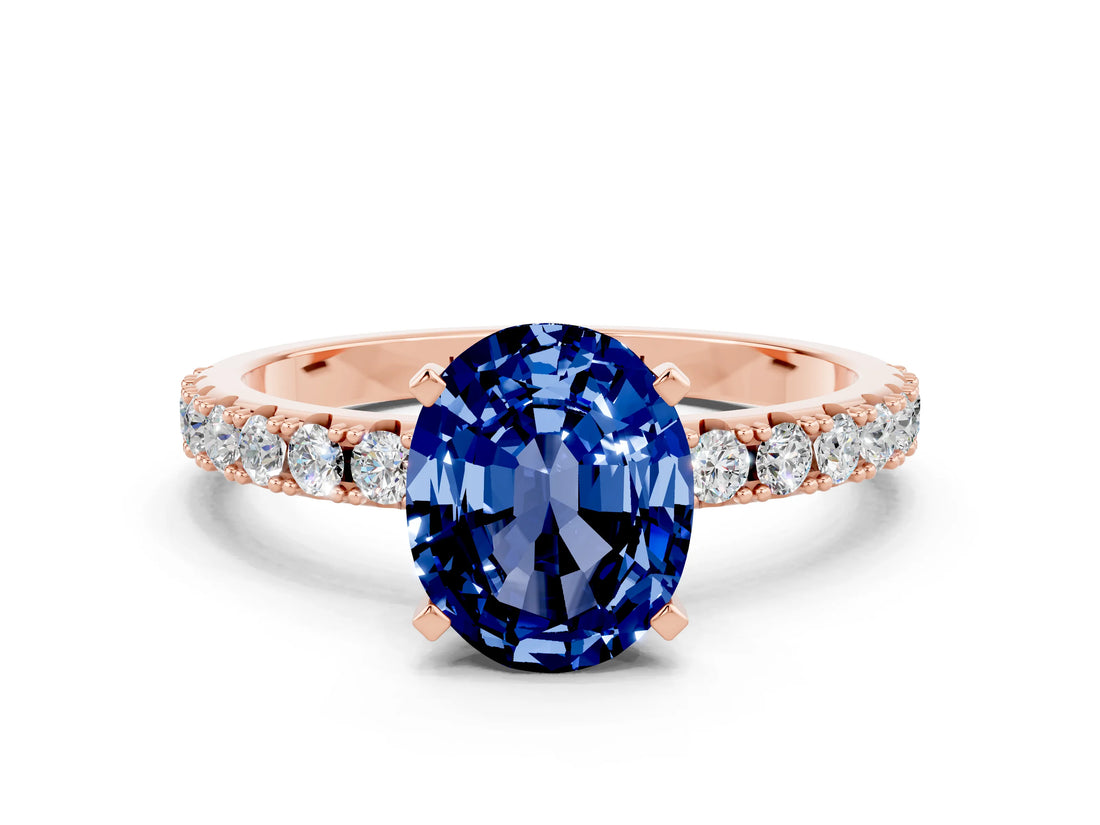Rose gold Oval Cut Blue Sapphire Solitaire Pavé Band with Four-Prong Setting