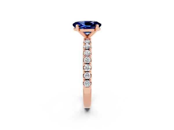 Rose gold Oval Cut Blue Sapphire Solitaire Pavé Band with Four-Prong Setting