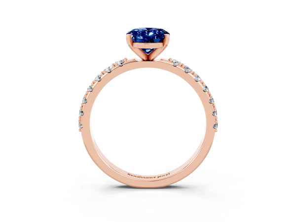 Rose gold Oval Cut Blue Sapphire Solitaire Pavé Band with Four-Prong Setting