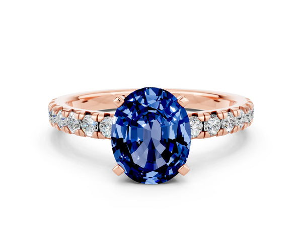 Rose gold Oval Cut Blue Sapphire Solitaire Pavé Engagement Ring with Round Band and Prong Setting