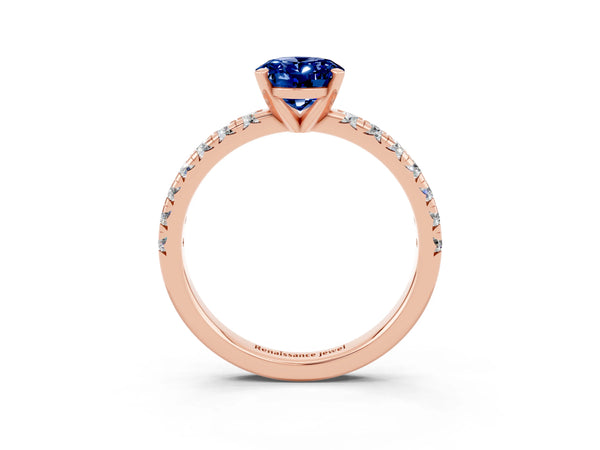 Rose gold Oval Cut Blue Sapphire Solitaire Pavé Engagement Ring with Round Band and Prong Setting