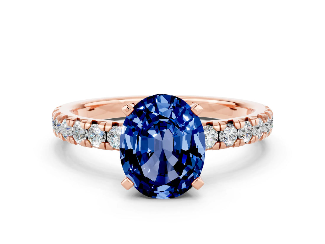 Rose gold Oval Cut Blue Sapphire Solitaire Pavé Engagement Ring with Round Band and Prong Setting_72