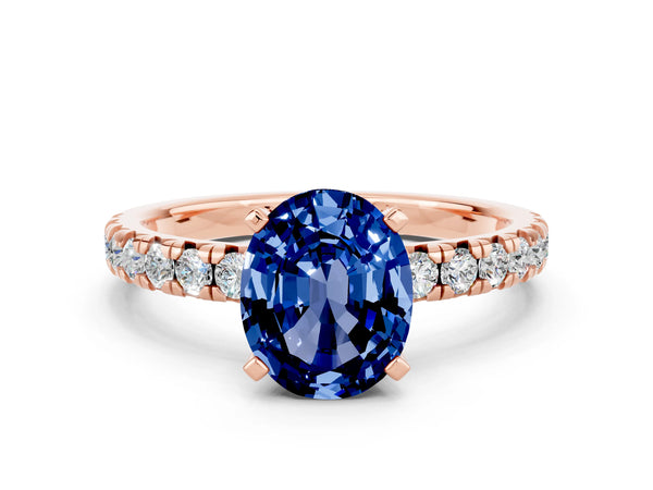 Rose gold Oval Cut Blue Sapphire Solitaire Pavé Engagement Ring with Round Band and Prong Setting