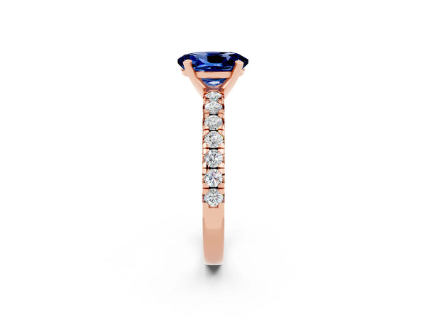 Rose gold Oval Cut Blue Sapphire Solitaire Pavé Engagement Ring with Round Band and Prong Setting