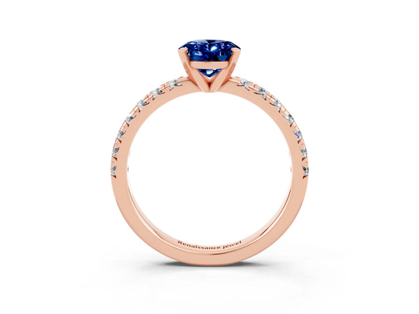 Rose gold Oval Cut Blue Sapphire Solitaire Pavé Engagement Ring with Round Band and Prong Setting