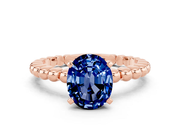 Rose gold Oval Cut Blue Sapphire Solitaire Ring with Beaded Band and Prong Setting