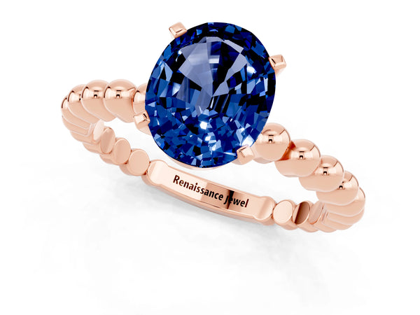 Rose gold Oval Cut Blue Sapphire Solitaire Ring with Beaded Band and Prong Setting