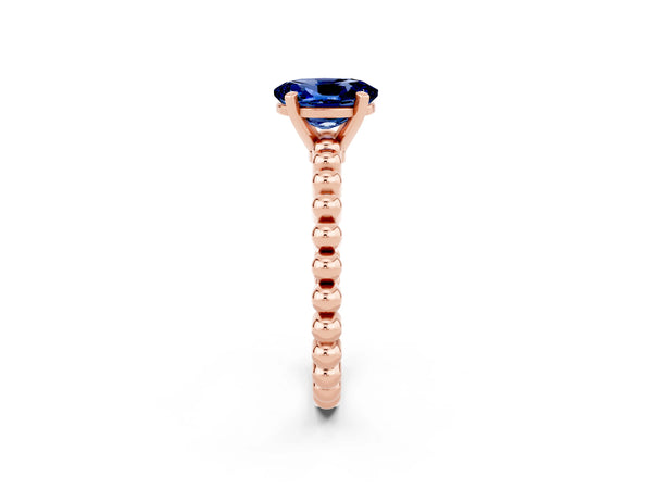 Rose gold Oval Cut Blue Sapphire Solitaire Ring with Beaded Band and Prong Setting