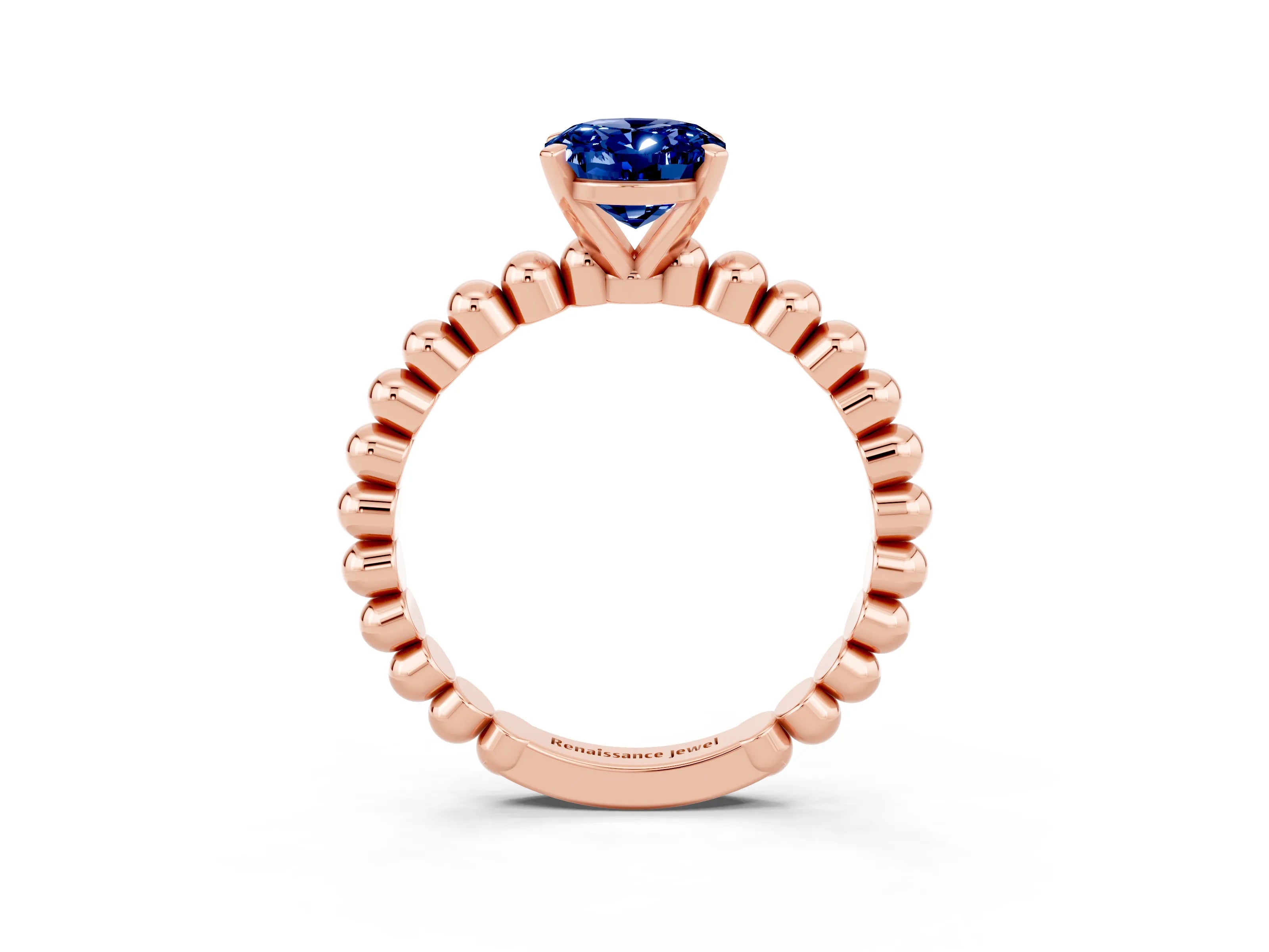 Rose gold Oval Cut Blue Sapphire Solitaire Ring with Beaded Band and Prong Setting_3