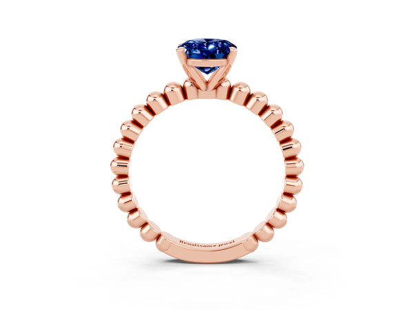 Rose gold Oval Cut Blue Sapphire Solitaire Ring with Beaded Band and Prong Setting