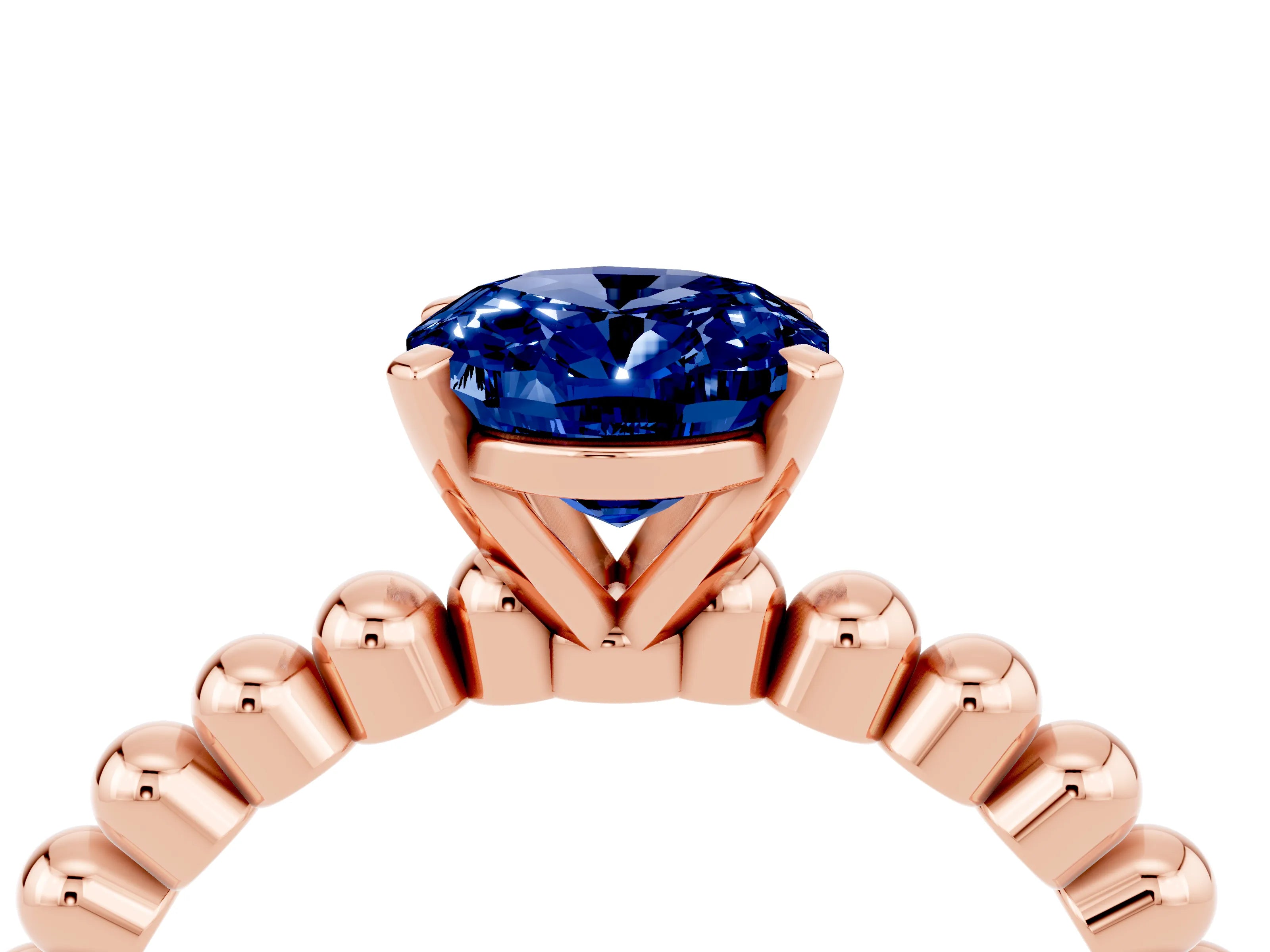 Rose gold Oval Cut Blue Sapphire Solitaire Ring with Beaded Band and Prong Setting_4