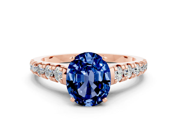 Rose gold Oval Cut Blue Sapphire Cathedral Solitaire Ring with Round  Pavé Band