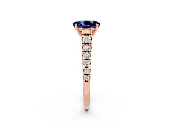 Rose gold Oval Cut Blue Sapphire Cathedral Solitaire Ring with Round  Pavé Band