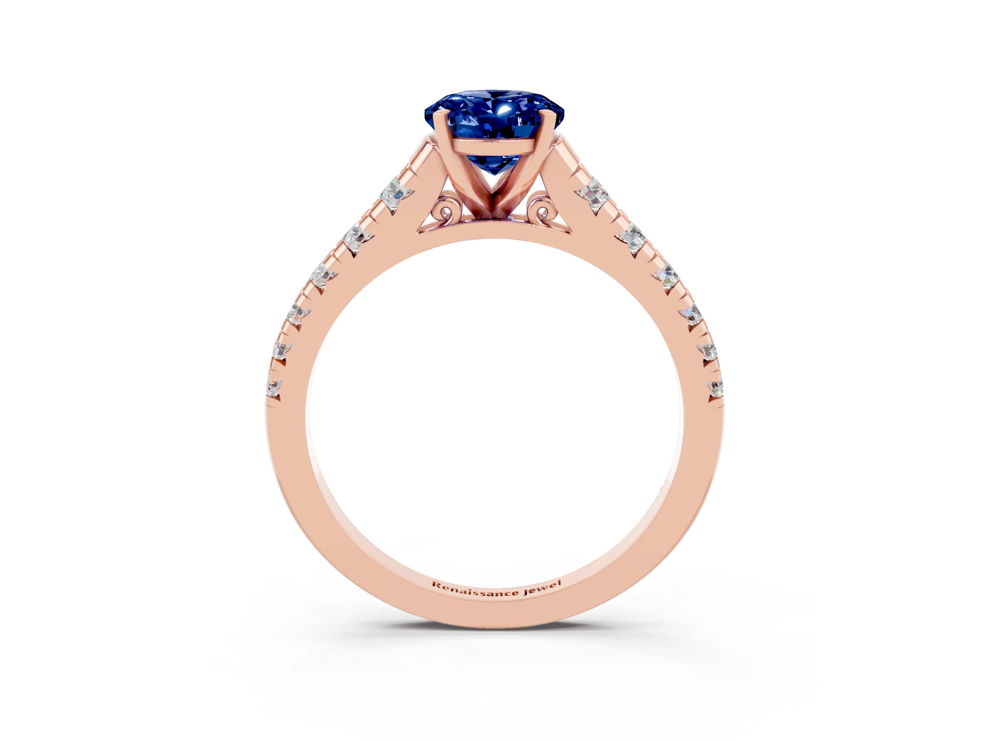 Rose gold Oval Cut Blue Sapphire Solitaire Ring with Cathedral Setting and Pavé Band_3
