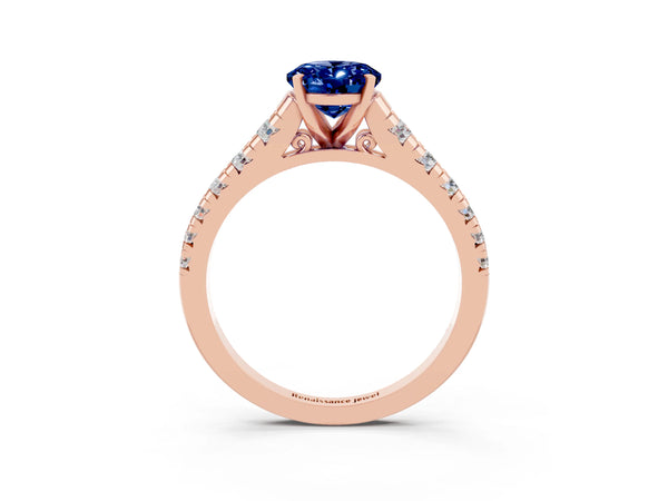 Rose gold Oval Cut Blue Sapphire Cathedral Solitaire Ring with Round  Pavé Band