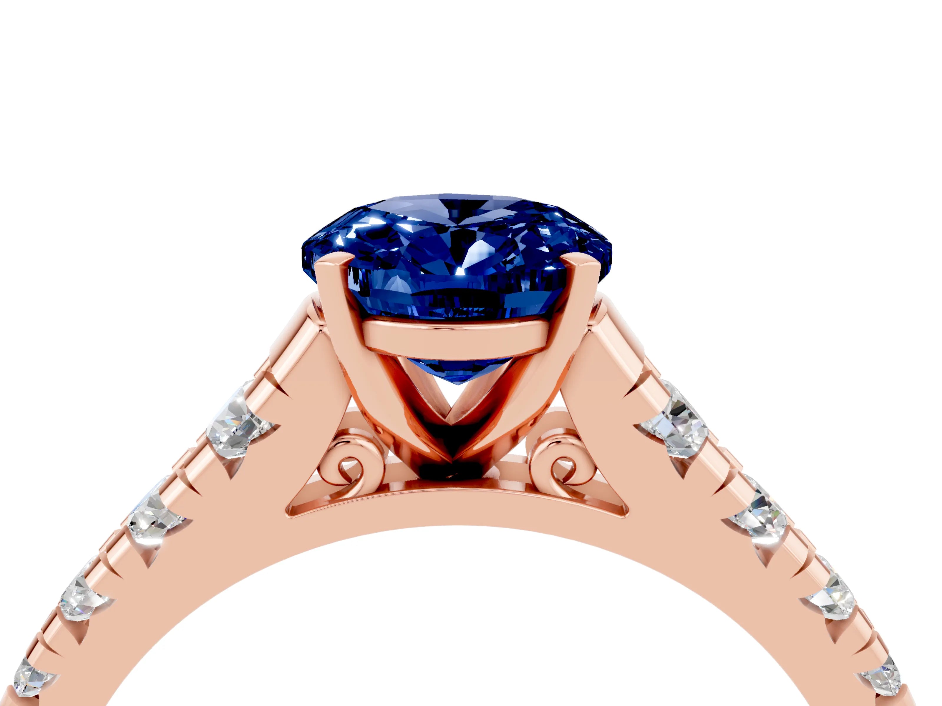 Rose gold Oval Cut Blue Sapphire Solitaire Ring with Cathedral Setting and Pavé Band_4