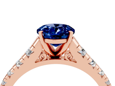 Rose gold Oval Cut Blue Sapphire Solitaire Ring with Cathedral Setting and Pavé Band_4