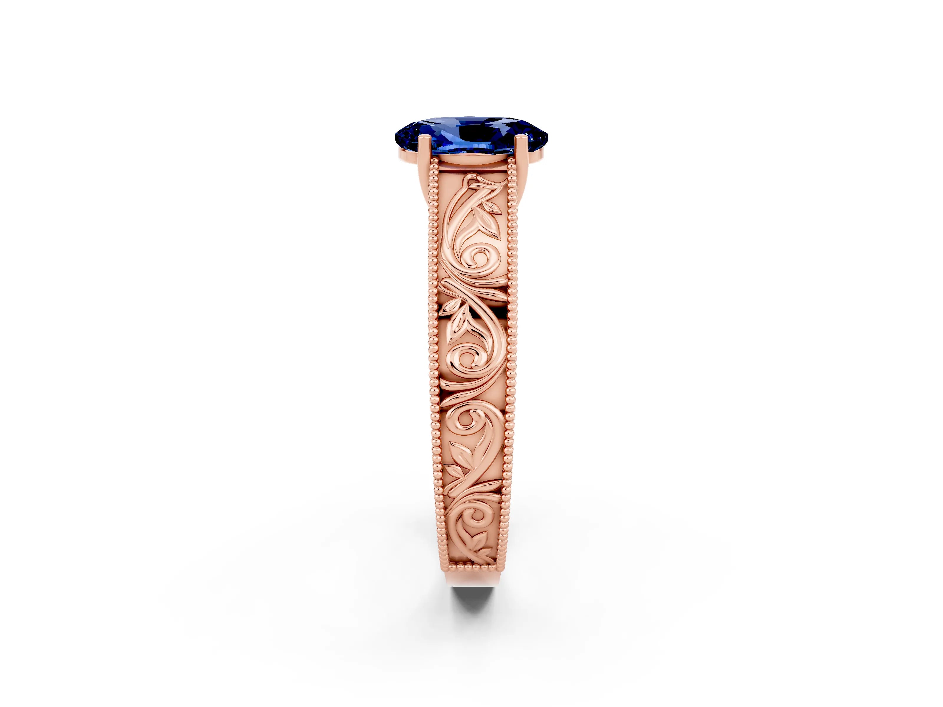 Rose gold Oval Cut Blue Sapphire Solitaire Ring with Engraved Band and Four-Prong Setting_2