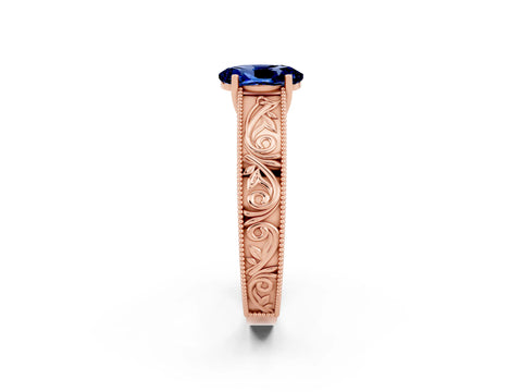 Rose gold Oval Cut Blue Sapphire Solitaire Ring with Engraved Band and Four-Prong Setting_2