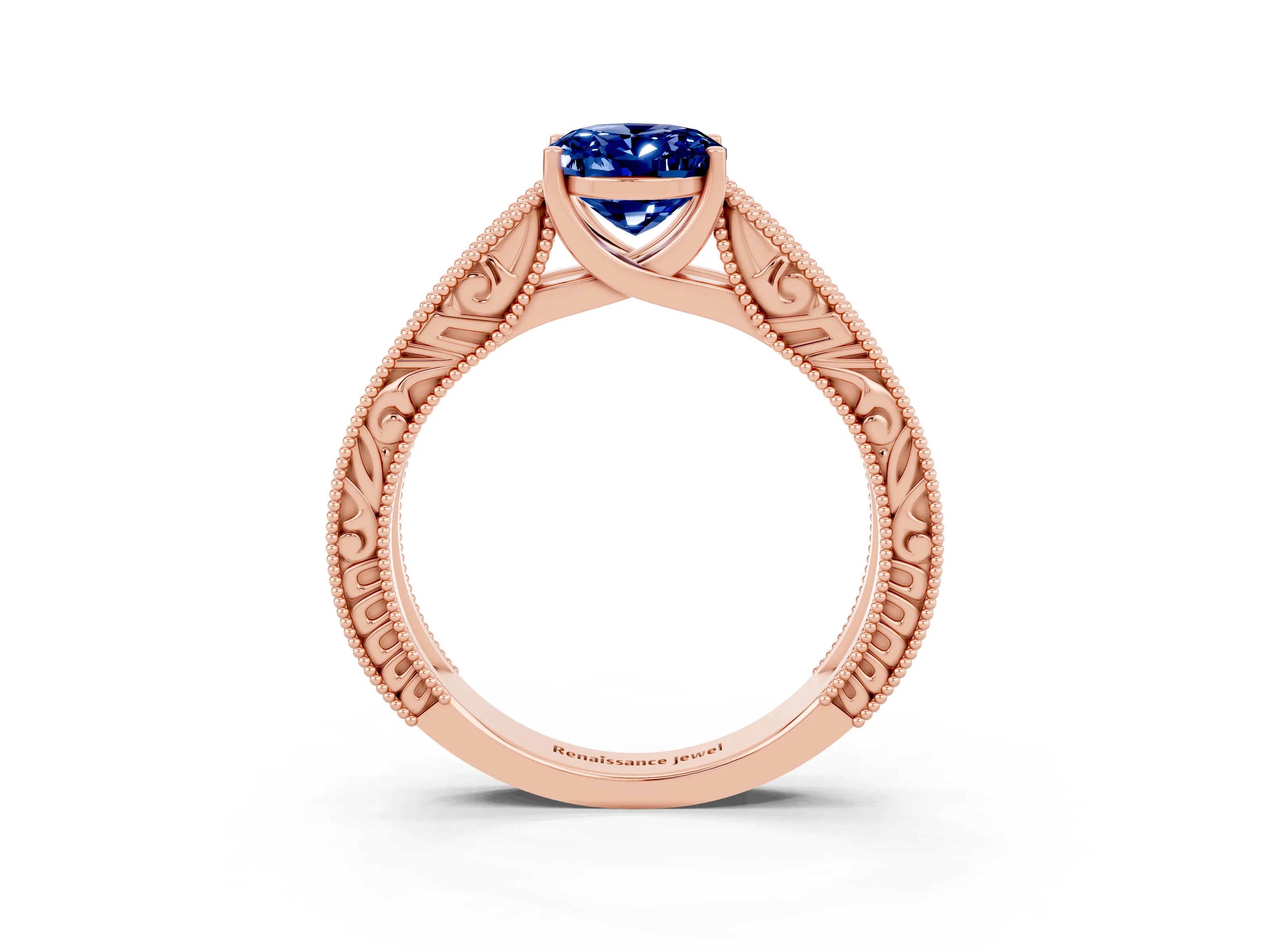 Rose gold Oval Cut Blue Sapphire Solitaire Ring with Engraved Band and Four-Prong Setting_3