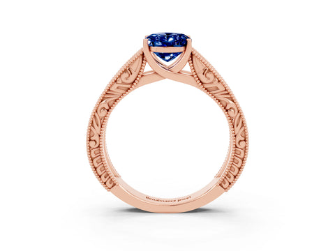Rose gold Oval Cut Blue Sapphire Solitaire Ring with Engraved Band and Four-Prong Setting_3