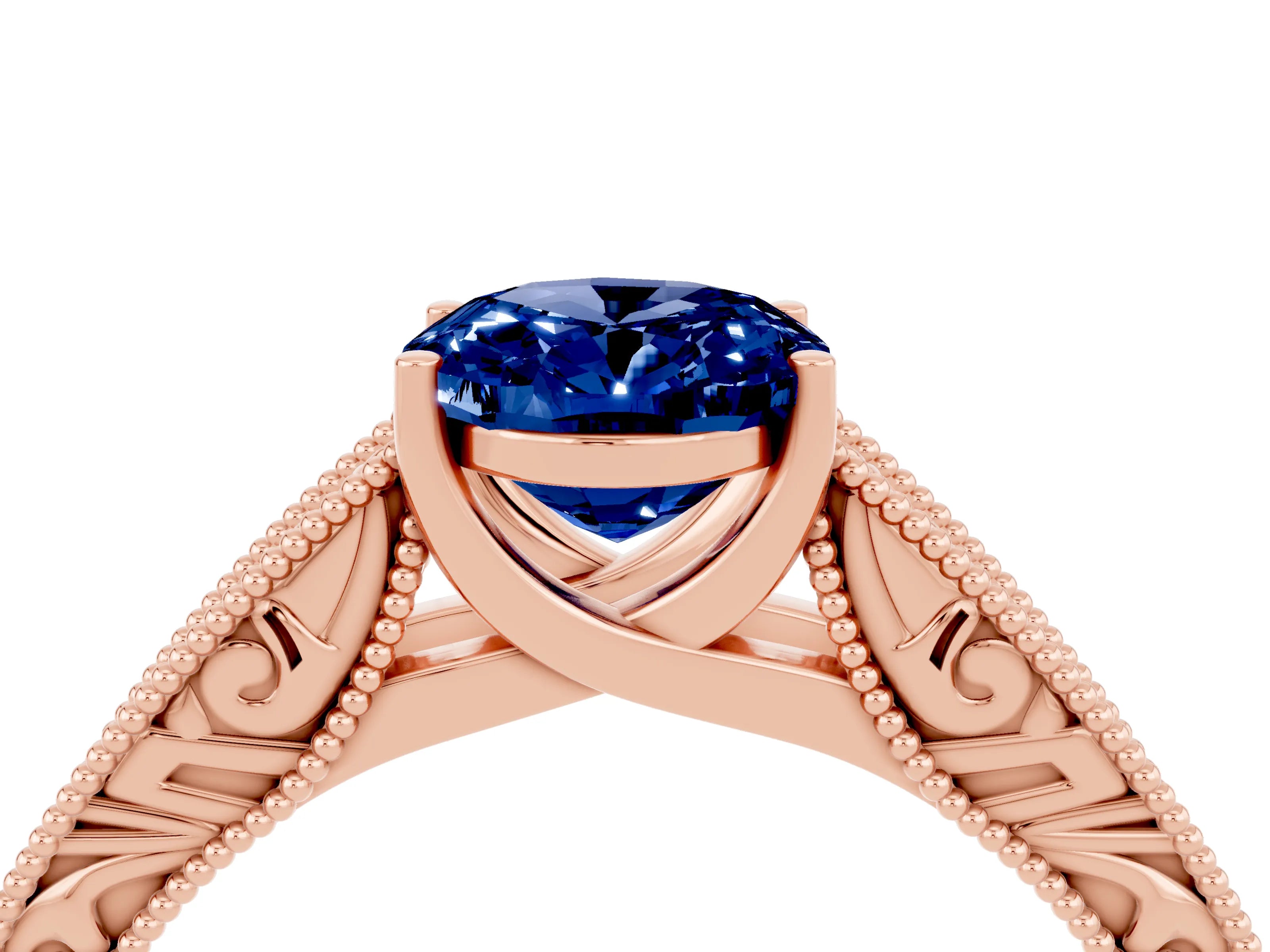 Rose gold Oval Cut Blue Sapphire Solitaire Ring with Engraved Band and Four-Prong Setting_4