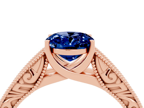 Rose gold Oval Cut Blue Sapphire Solitaire Ring with Engraved Band and Four-Prong Setting_4