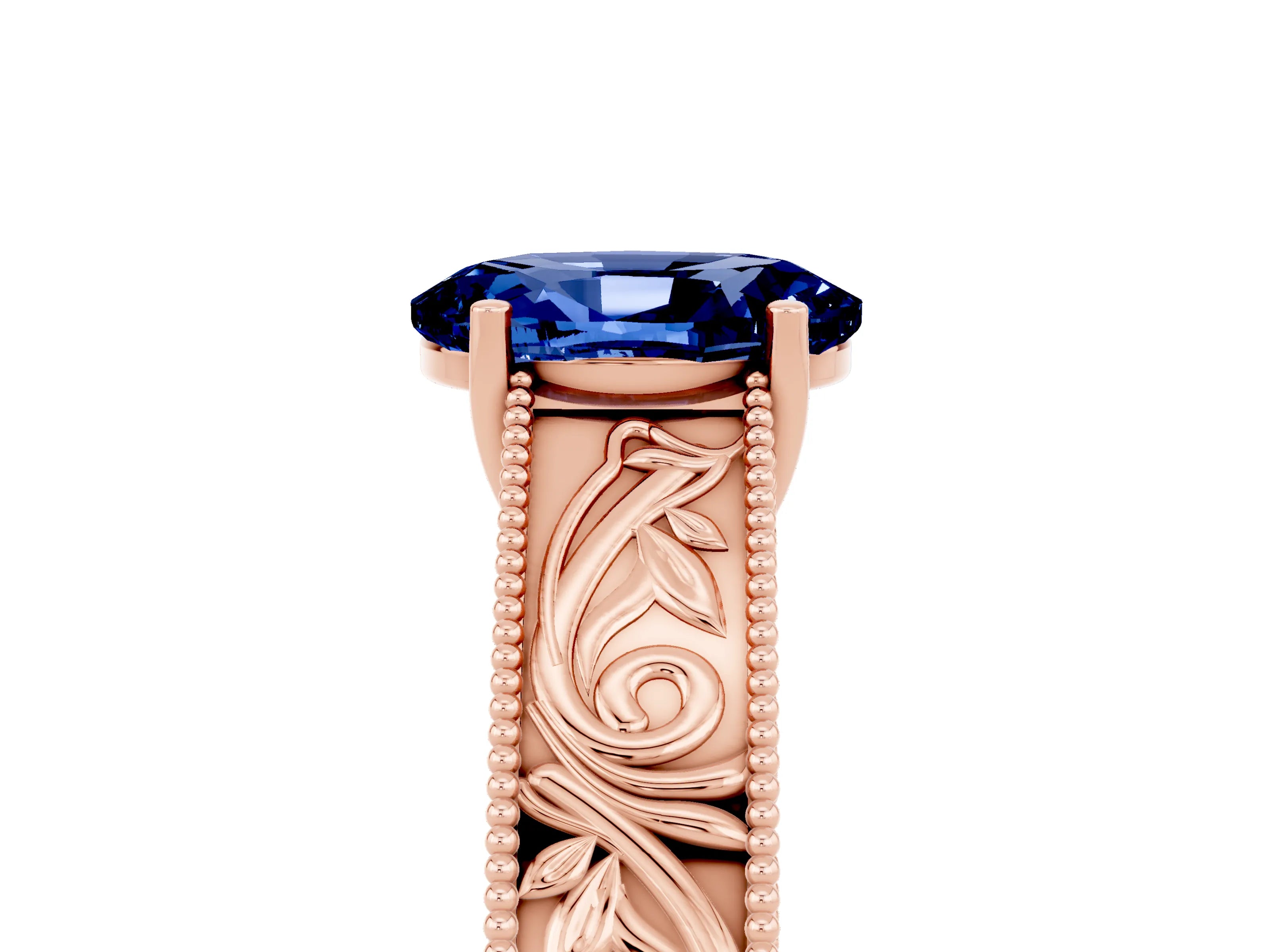 Rose gold Oval Cut Blue Sapphire Solitaire Ring with Engraved Band and Four-Prong Setting_5