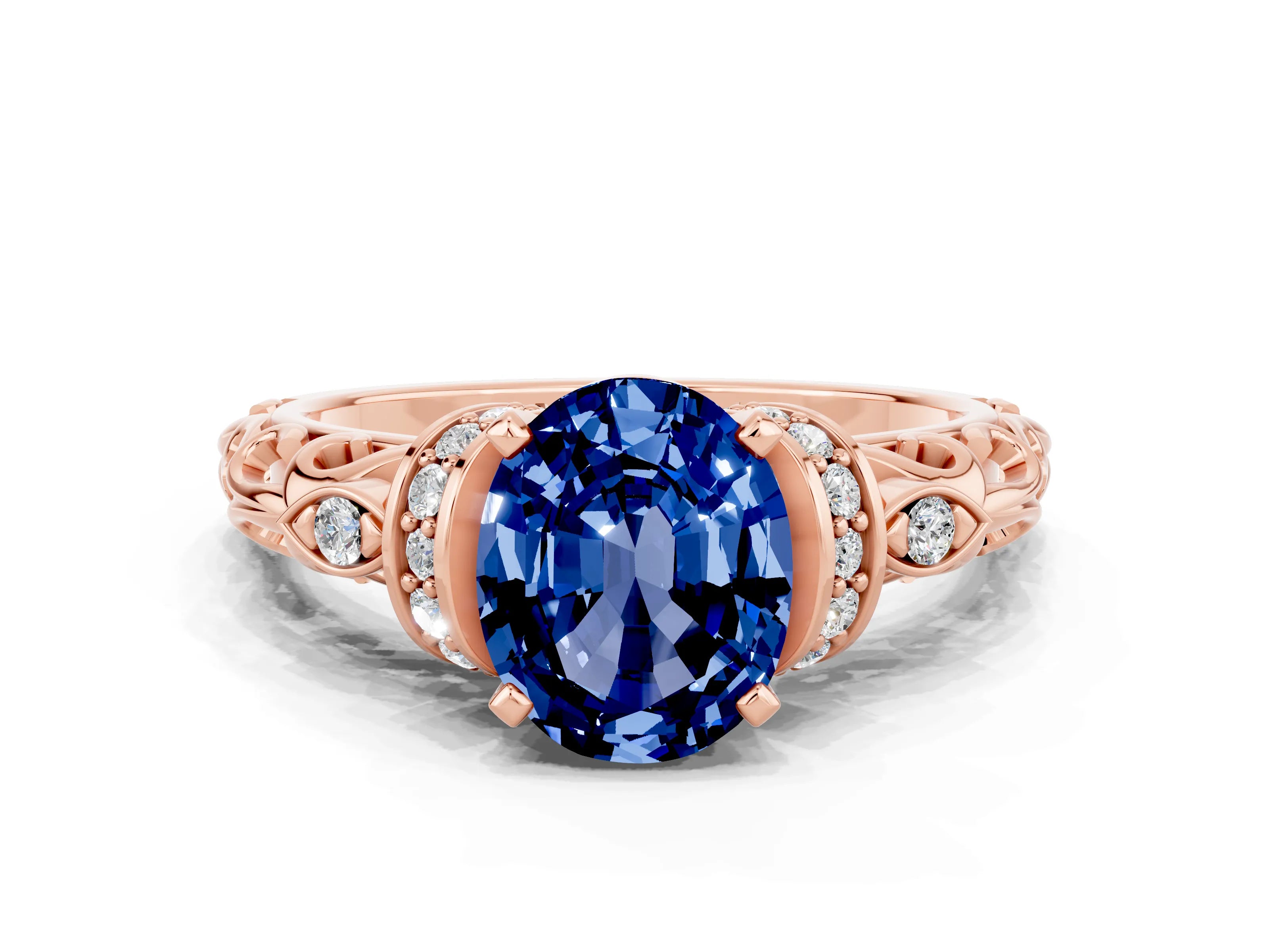 Rose gold Oval Cut Blue Sapphire Solitaire Ring with Filigree Band and Four-Prong Setting_24