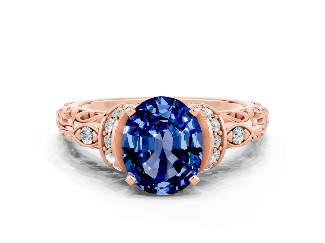 Rose gold Oval Cut Blue Sapphire Solitaire Ring with Filigree Band and Four-Prong Setting_24