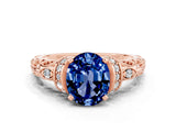Rose gold Oval Cut Blue Sapphire Solitaire Ring with Filigree Band and Four-Prong Setting_24