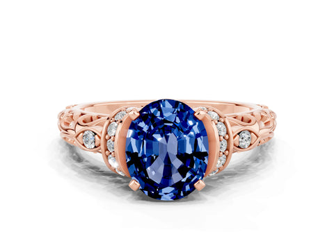 Rose gold Oval Cut Blue Sapphire Solitaire Ring with Filigree Band and Four-Prong Setting_24