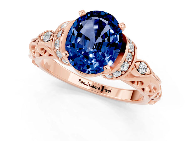 Rose gold Oval Cut Blue Sapphire Solitaire Ring with Filigree Band and Four-Prong Setting
