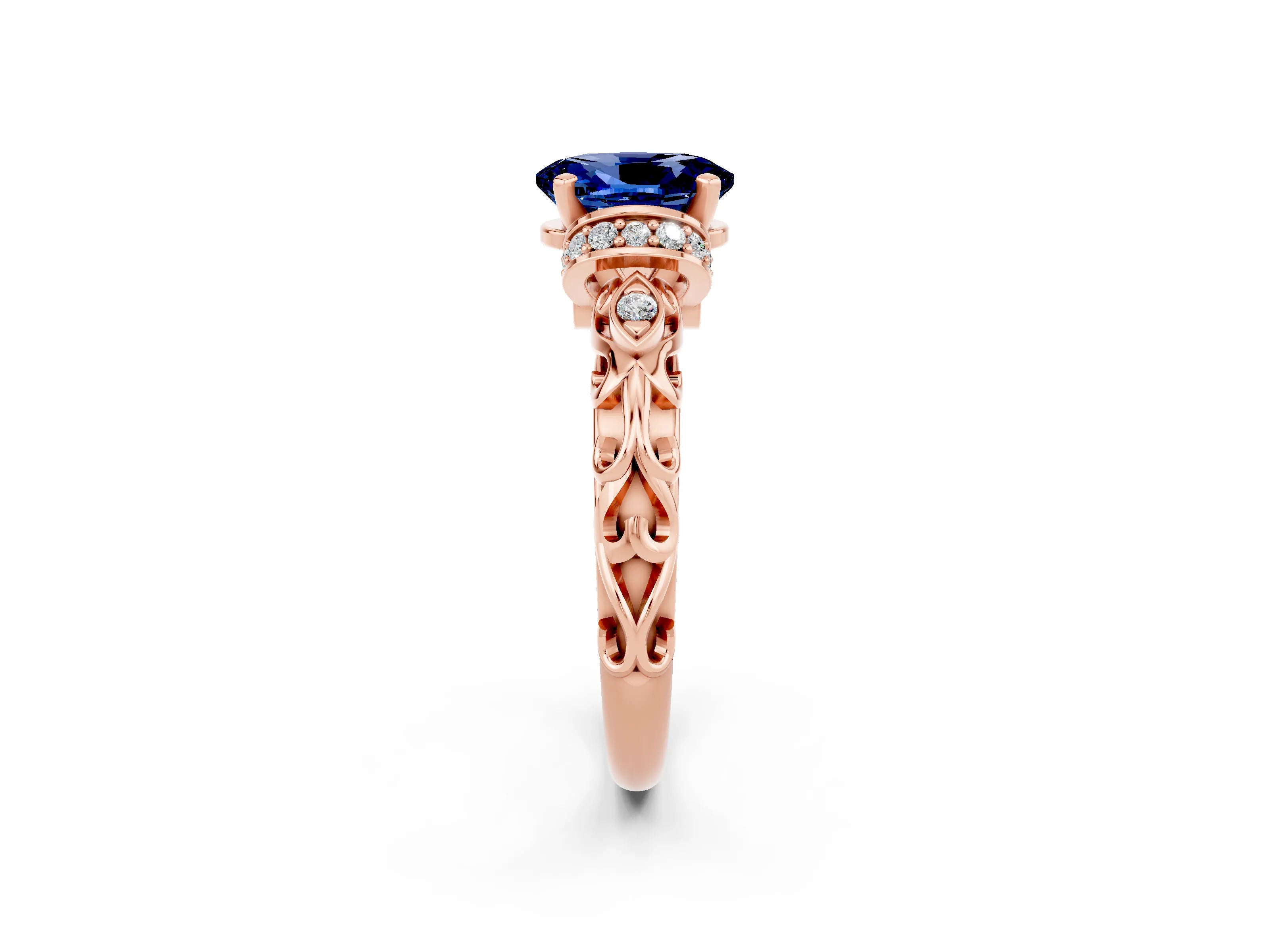 Rose gold Oval Cut Blue Sapphire Solitaire Ring with Filigree Band and Four-Prong Setting_26