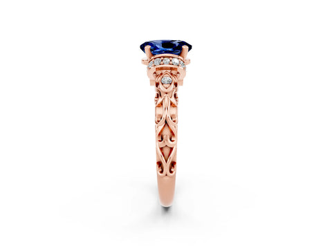 Rose gold Oval Cut Blue Sapphire Solitaire Ring with Filigree Band and Four-Prong Setting_26