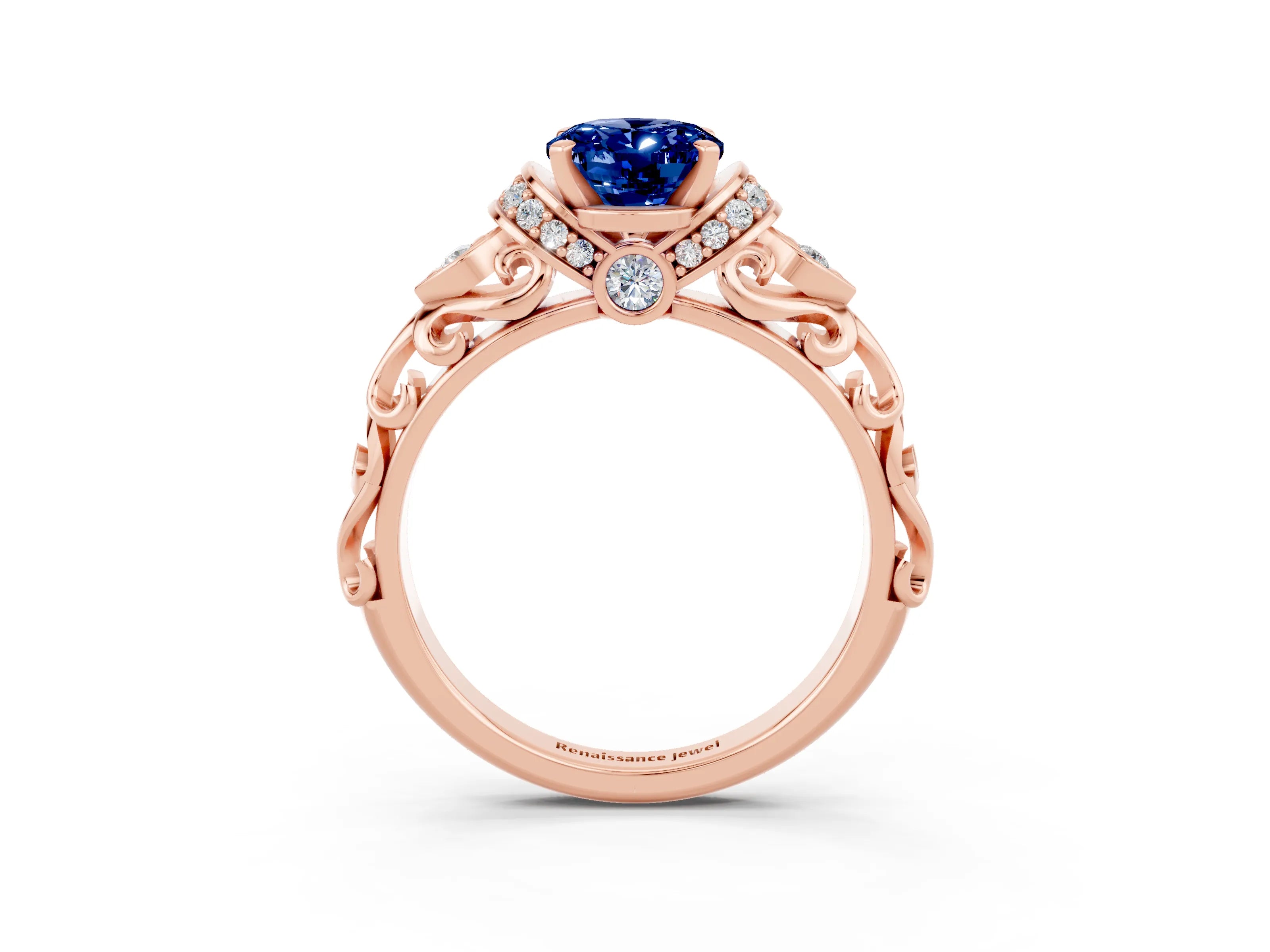 Rose gold Oval Cut Blue Sapphire Solitaire Ring with Filigree Band and Four-Prong Setting_27