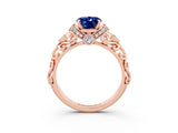 Rose gold Oval Cut Blue Sapphire Solitaire Ring with Filigree Band and Four-Prong Setting_27