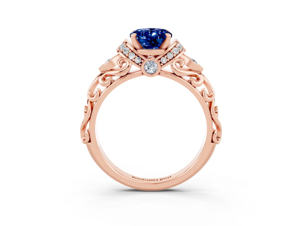 Rose gold Oval Cut Blue Sapphire Solitaire Ring with Filigree Band and Four-Prong Setting