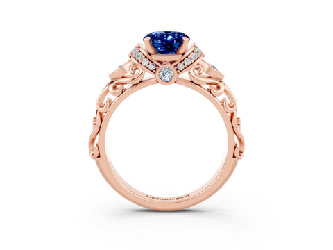 Rose gold Oval Cut Blue Sapphire Solitaire Ring with Filigree Band and Four-Prong Setting_27