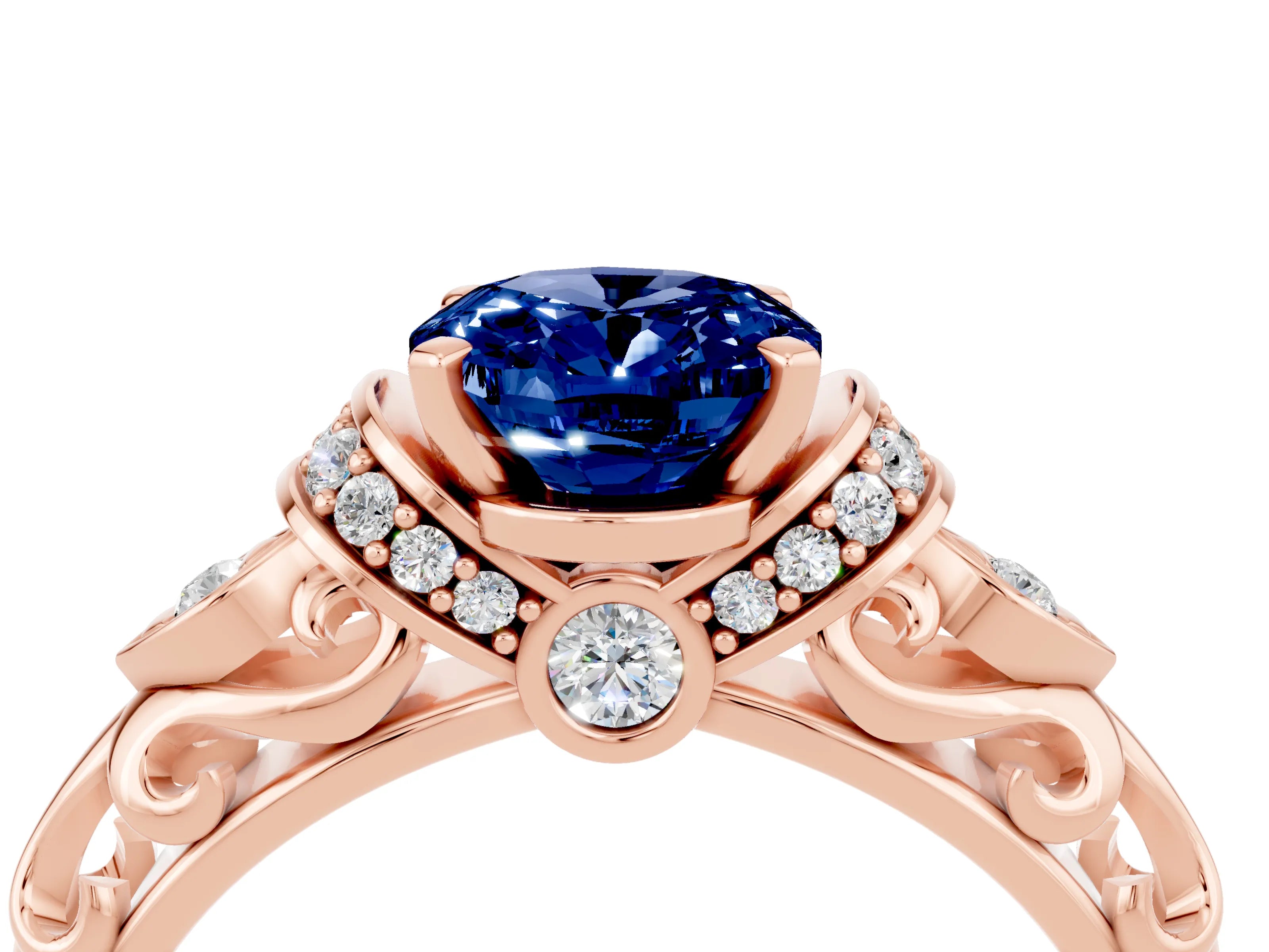 Rose gold Oval Cut Blue Sapphire Solitaire Ring with Filigree Band and Four-Prong Setting_28